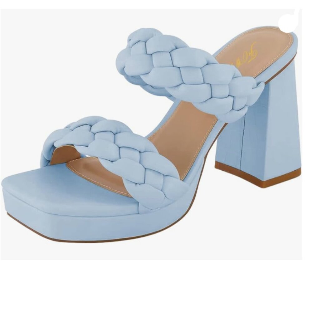 FOWT Blue Platform Open Toe Mules Braided Straps Chunky High Heel Sandals